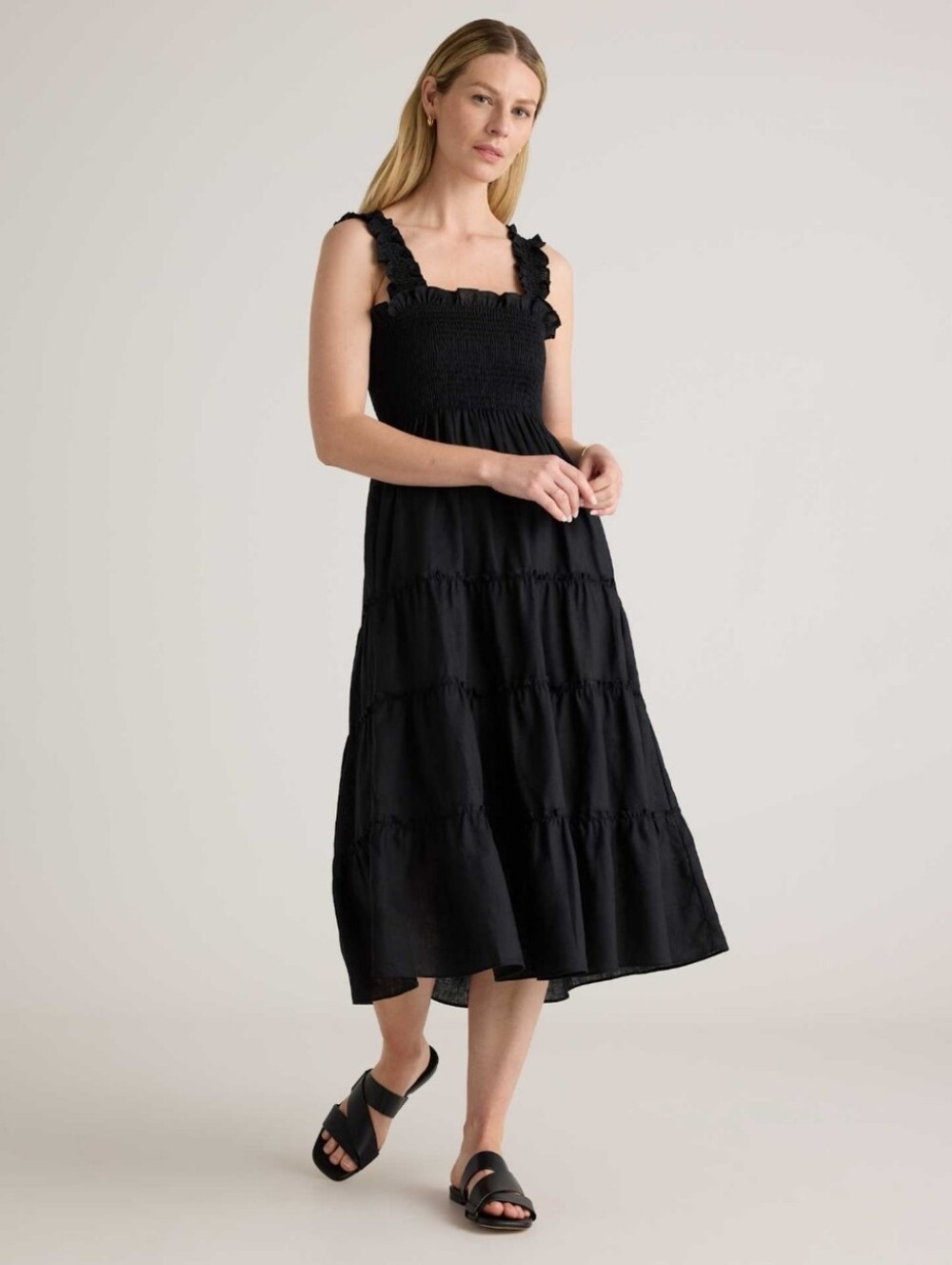 Quince European Linen Smocked Midi Dress with Ruffled Straps In Black Size S